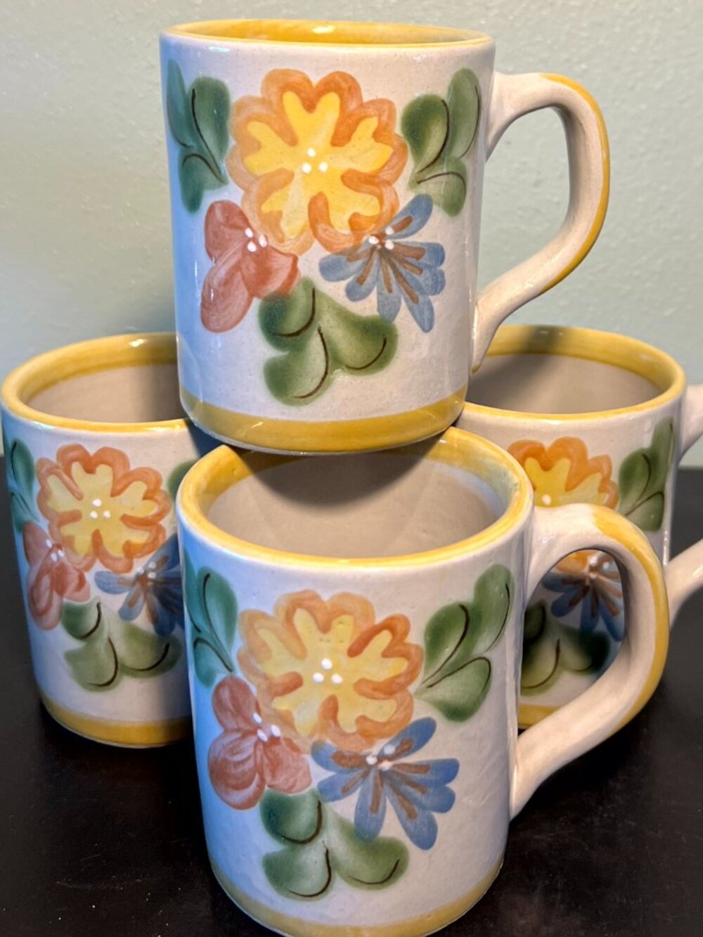 Vintage Louisville Stoneware Country Flower Mugs Cups Set of 4 Hand Painted 12oz